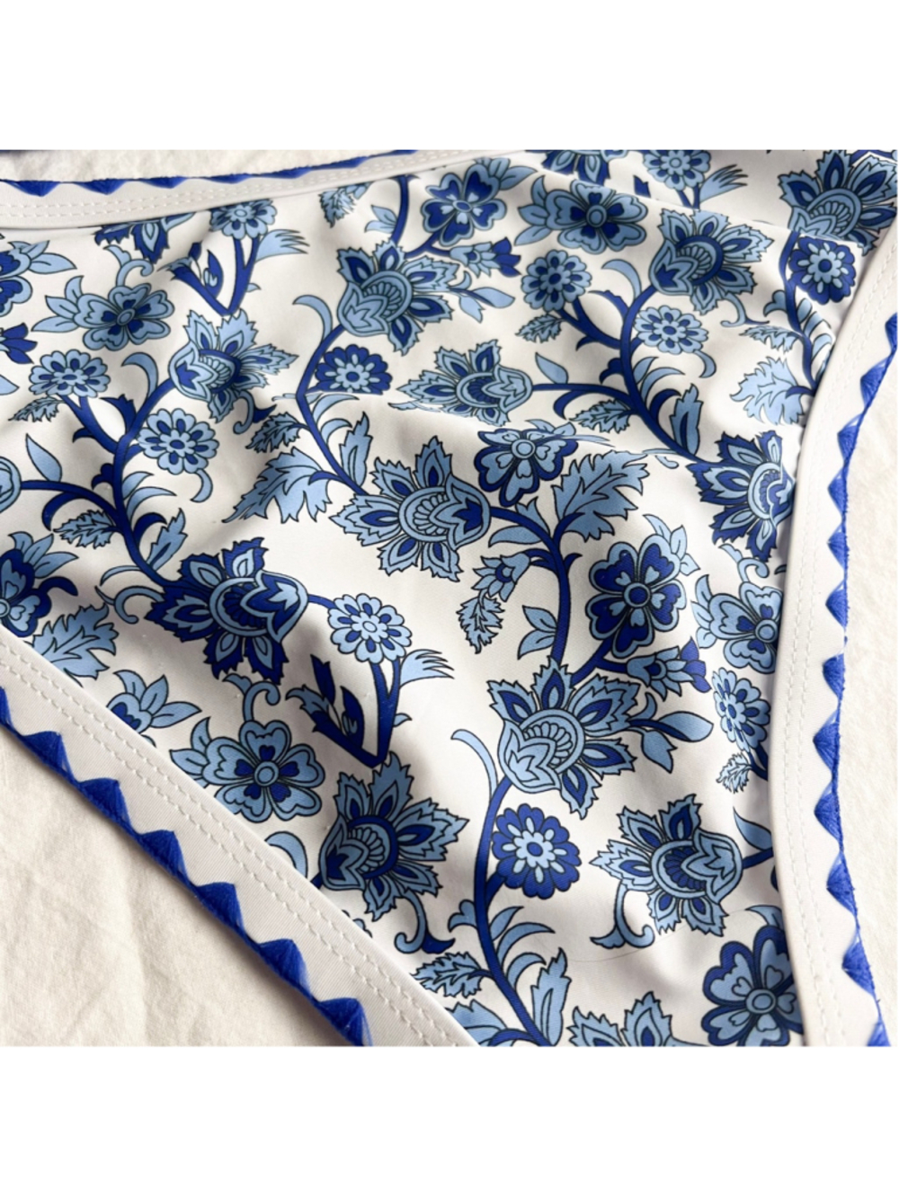 Blue White Floral One Shoulder Bikini Set Womens Sz M greek coastal cottagecore - Picture 3 of 8
